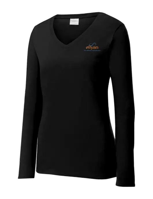 Womens V-Neck Ring Spun Jet Black 4.5 oz Long Sleeve T-Shirt w/Eliyan Logo 