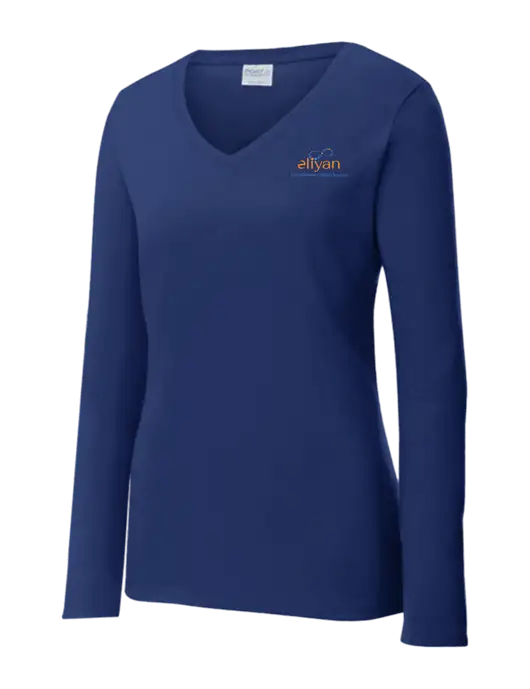 Womens  V-Neck Ring Spun Navy 4.5 oz Long Sleeve T-Shirt w/Eliyan Logo 