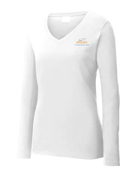 Womens  V-Neck Ring Spun White 4.5 oz Long Sleeve T-Shirt w/Eliyan Logo 