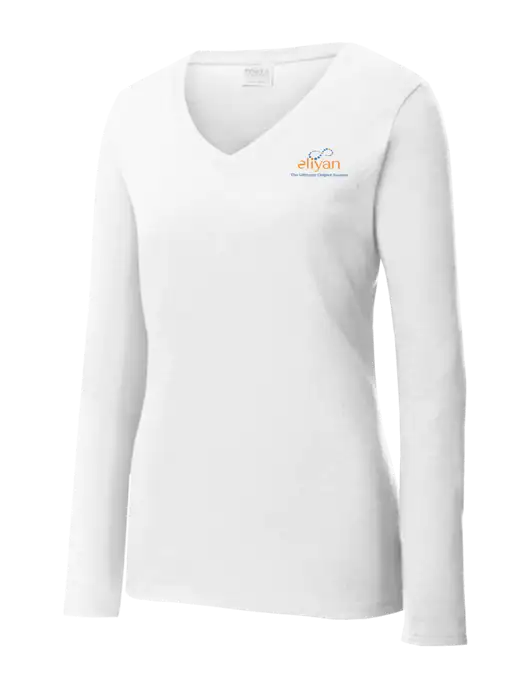 Womens  V-Neck Ring Spun White 4.5 oz Long Sleeve T-Shirt w/Eliyan Logo 