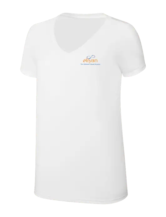 Womens Simply Soft V-Neck White 4.5oz  Poly/Combed Ring Spun Cotton T-Shirt w/Eliyan Logo 