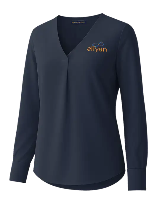 Brooks Brothers Womens Dark Navy Open-Neck Satin Blouse  w/Eliyan Logo 
