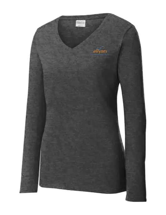 Womens  V-Neck Ring Spun Dark Heather Grey 4.5 oz Long Sleeve T-Shirt w/Eliyan Logo 