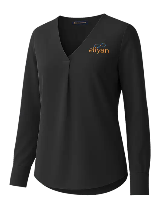 Brooks Brothers Womens Black Open-Neck Satin Blouse  w/Eliyan Logo 