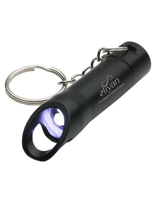 Black Pocket LED Flashlight with Bottle Opener & Keychain w/Eliyan Logo 