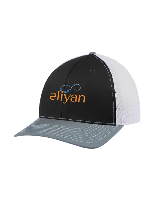 Richardson Adjustable Snapback Original 112 Trucker Cap Black/Light Heather Grey/White Mesh w/Eliyan Logo 