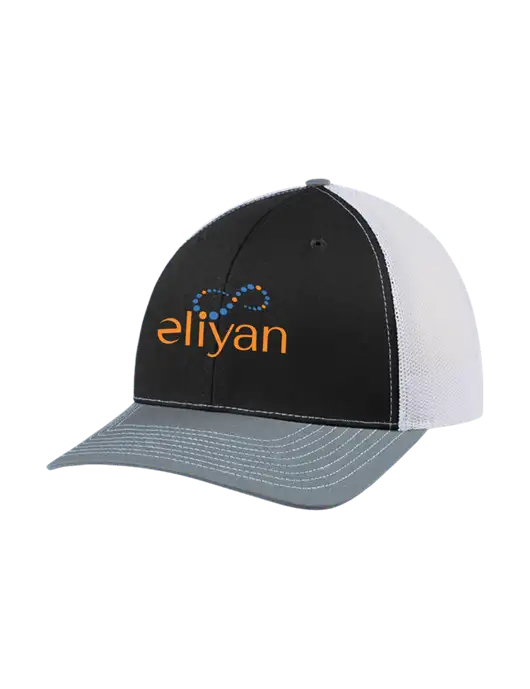 Richardson Adjustable Snapback Original 112 Trucker Cap Black/Light Heather Grey/White Mesh w/Eliyan Logo 